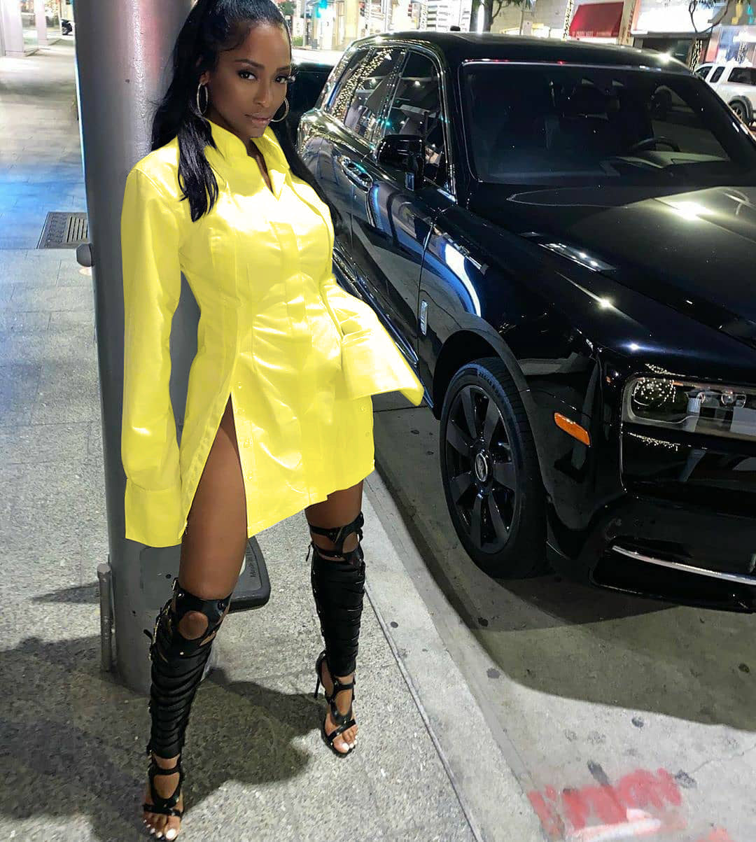 Women's Solid Color Single-Breasted Slit Long Sleeves Shirt Dress 4