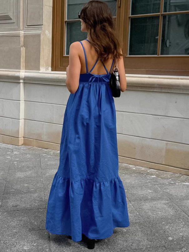 Spring Summer Holidays Style Blue V Neck Strap Low Back Long Dress