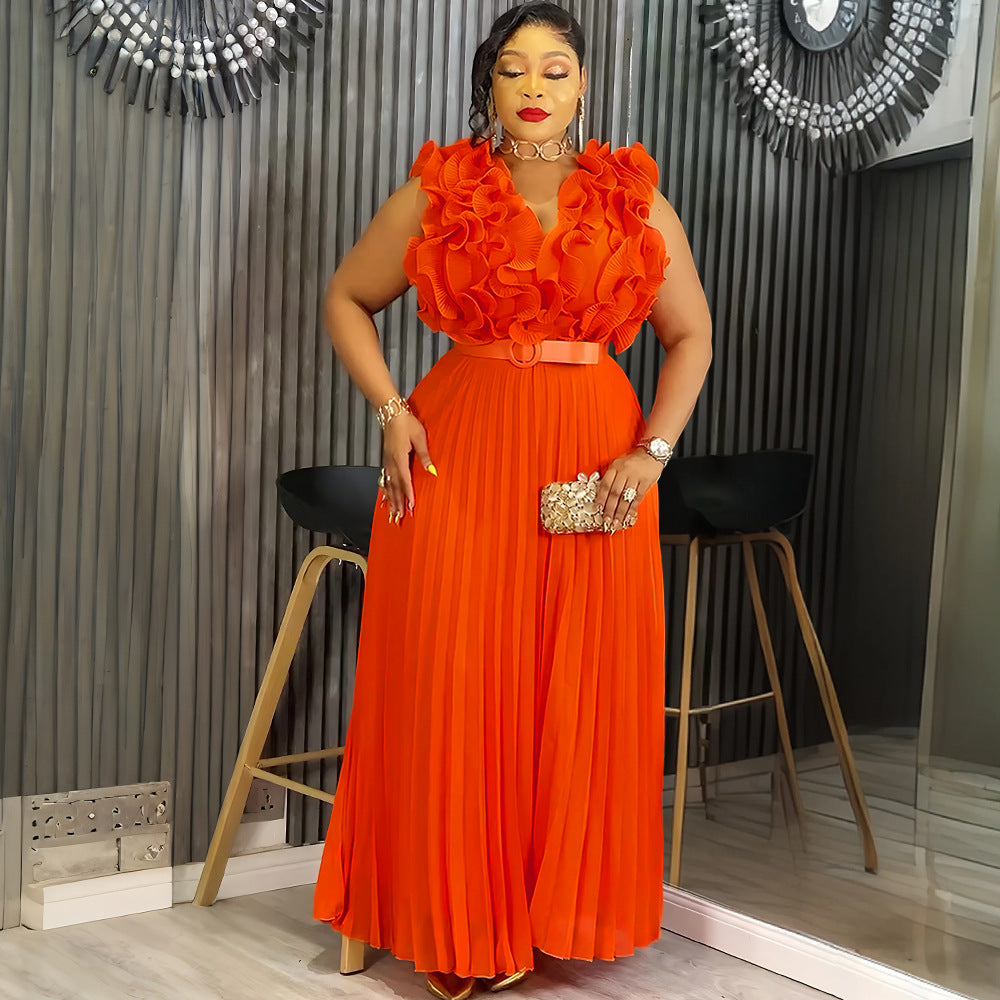 Women's African Plus Size Floral Sleeveless High Waist Pleated Gown Chic Dress 4