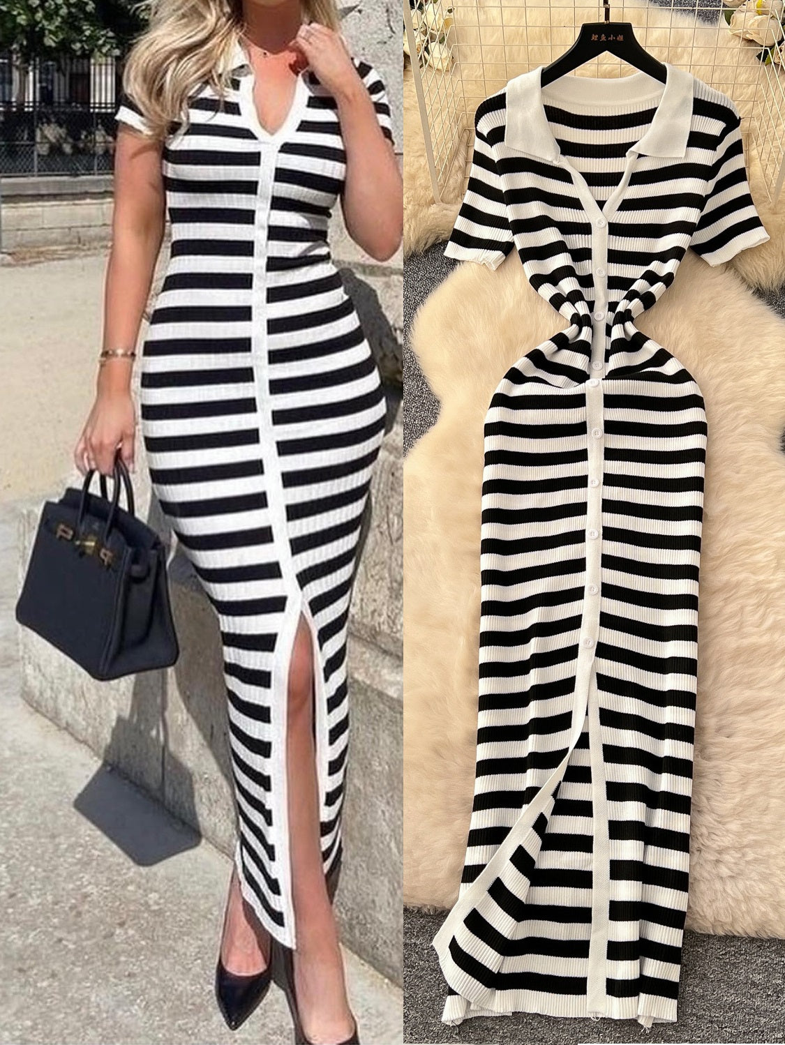 Women Metal Button Slit Knitting Dress 4