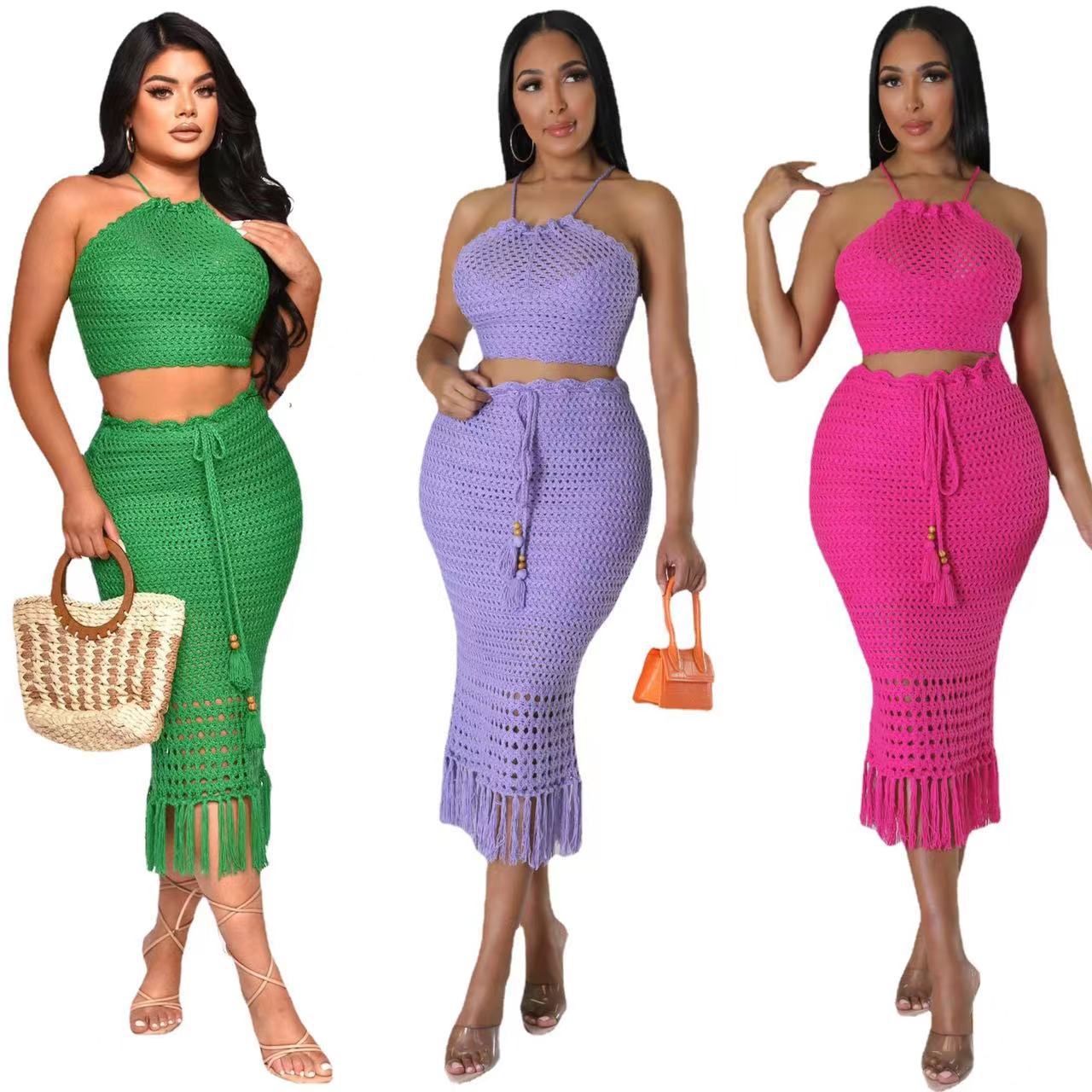 Women'S Fishnet And Fringed Knitting Casual Two-Piece Skirt Set