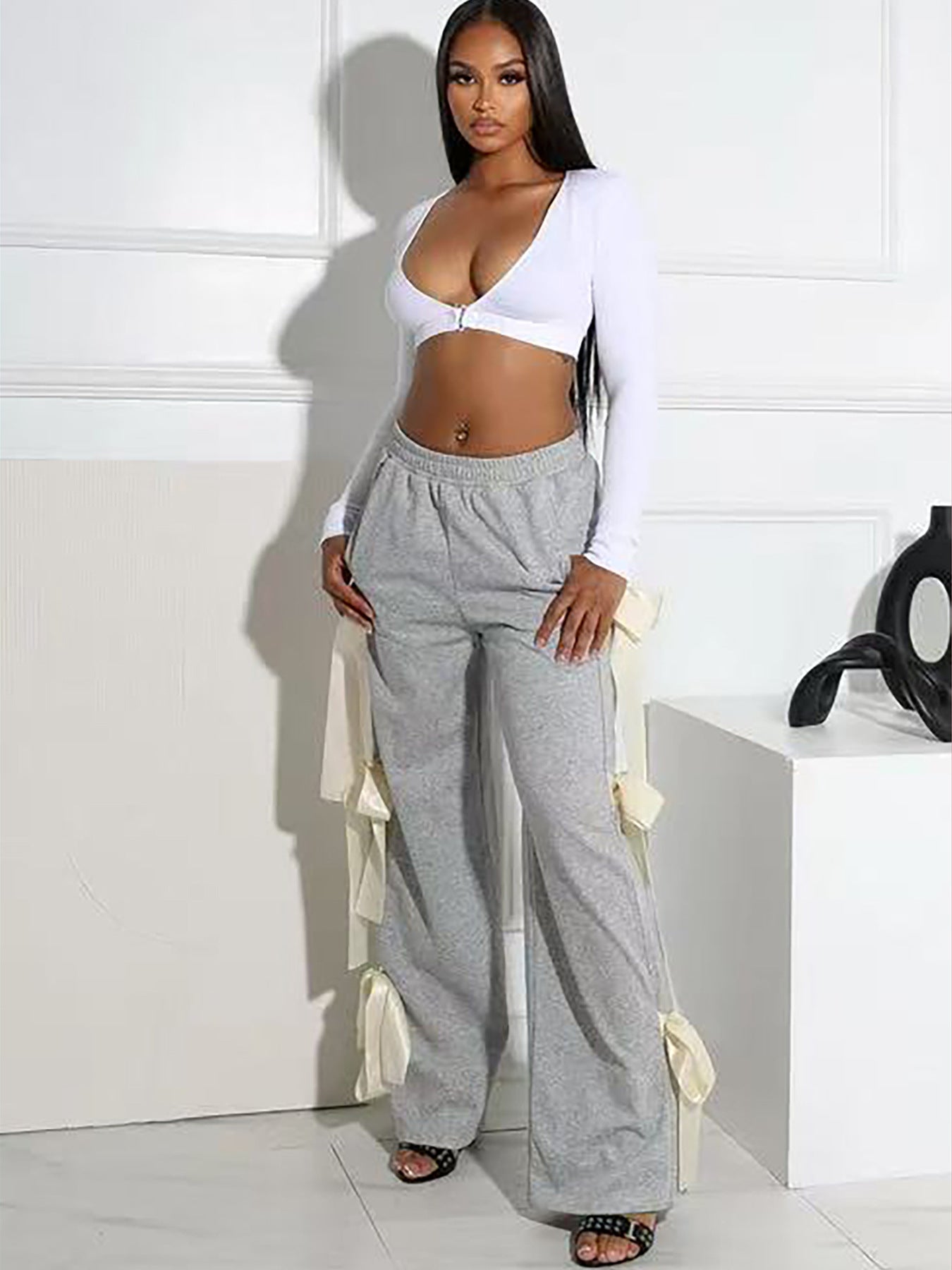 Women Spring Summer Casual Lace-Up Bow Solid Pants 3