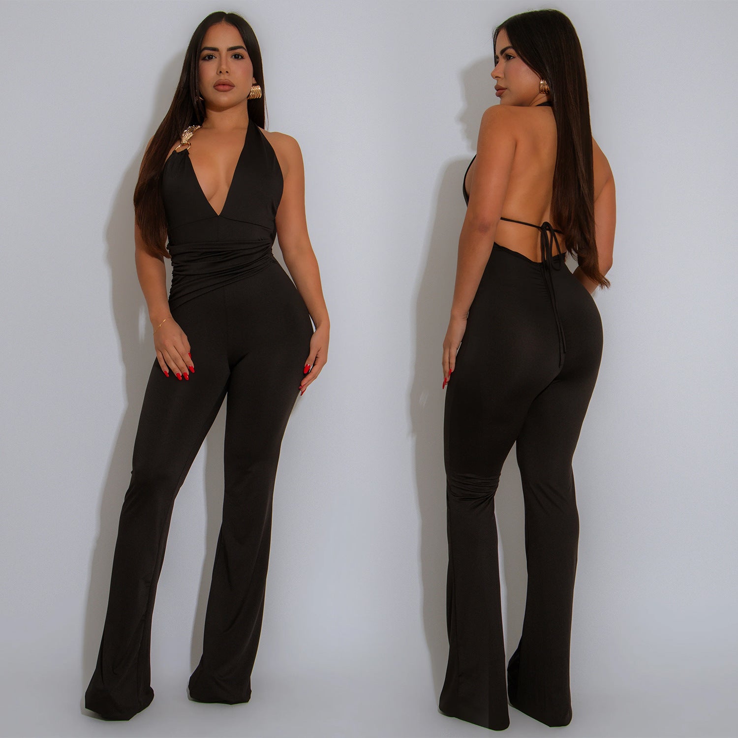 Women  Lace-Up Sexy V Neck Halter Neck Solid Jumpsuit