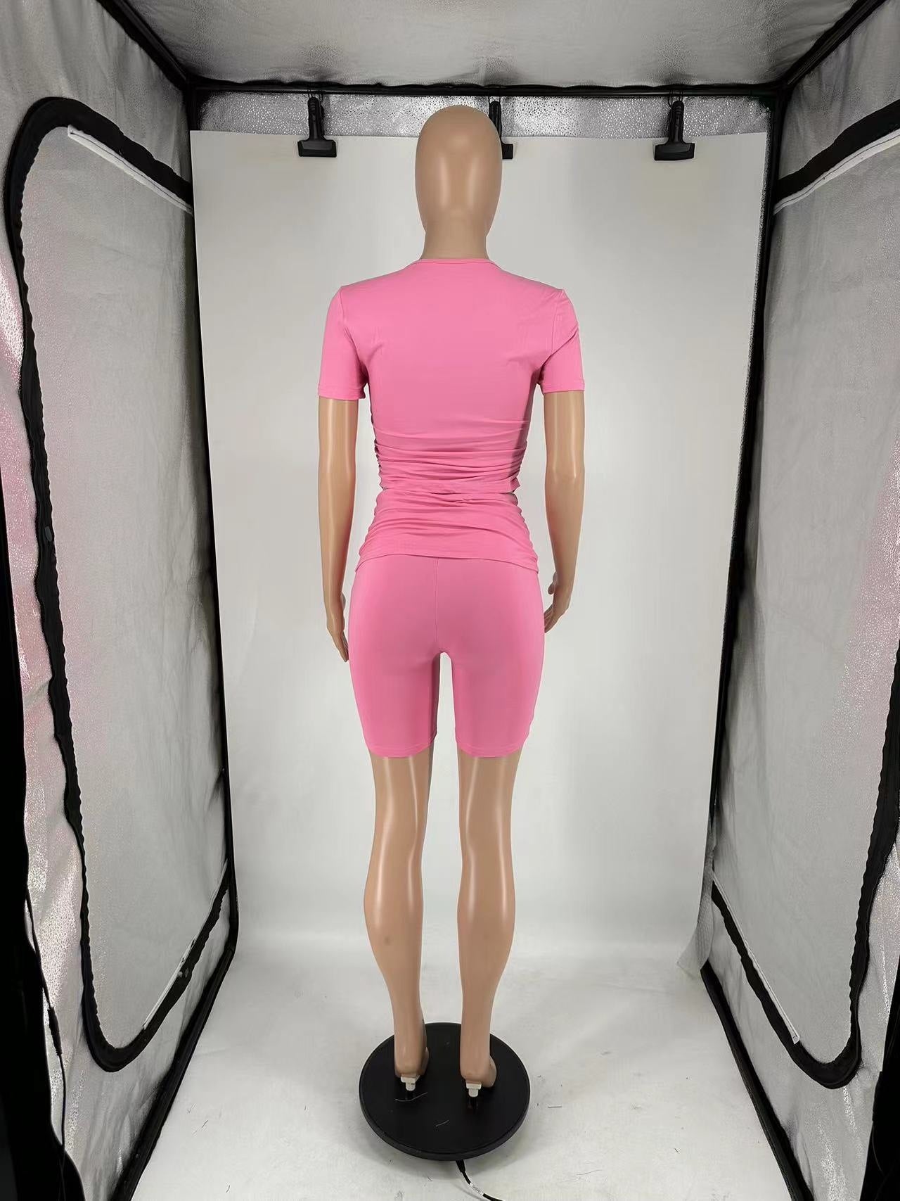 Women's Summer Short Sleeve Round Neck Casual Two-Piece Shorts Set 11