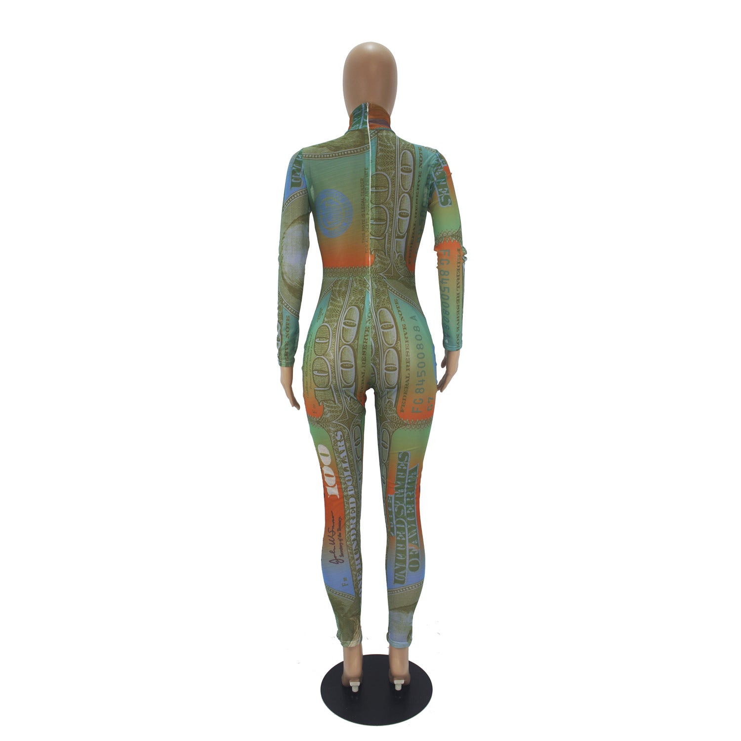 Women's Sexy Dollar Print Mesh Long Sleeve Jumpsuit 11