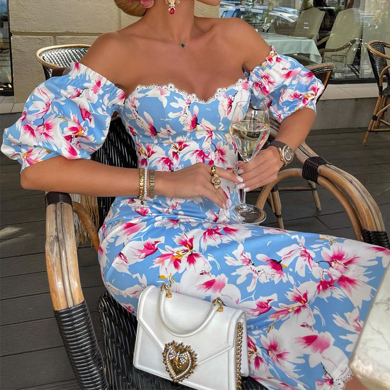 Women's Summer Fashion Sexy Short Sleeve Printed Off Shoulder Bodycon Dress 6