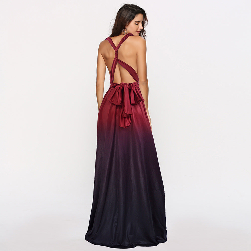 Women Sexy Gradient Crossover Backless Lace-Up Maxi Dress 10