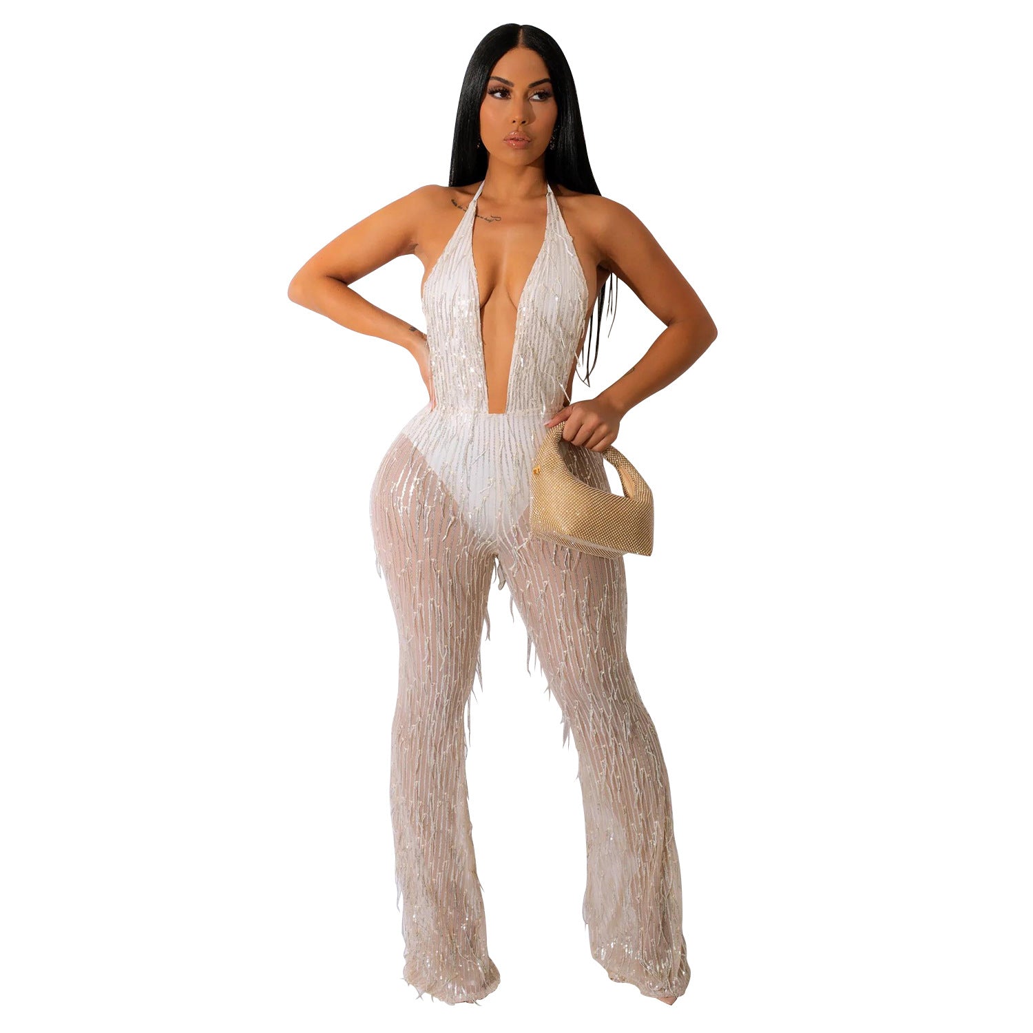 Women'S Fashion Sequined Tassel Mesh Halter Backless Nightclub Jumpsuit 9