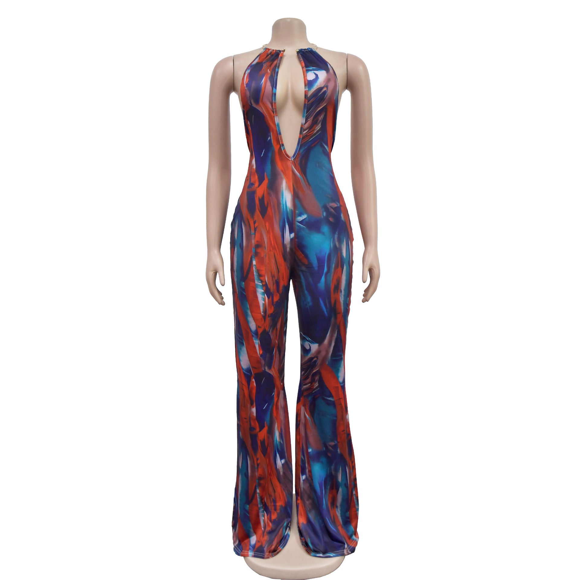 Women Printed Sleeveless V Neck Color Block Backless Jumpsuit 9