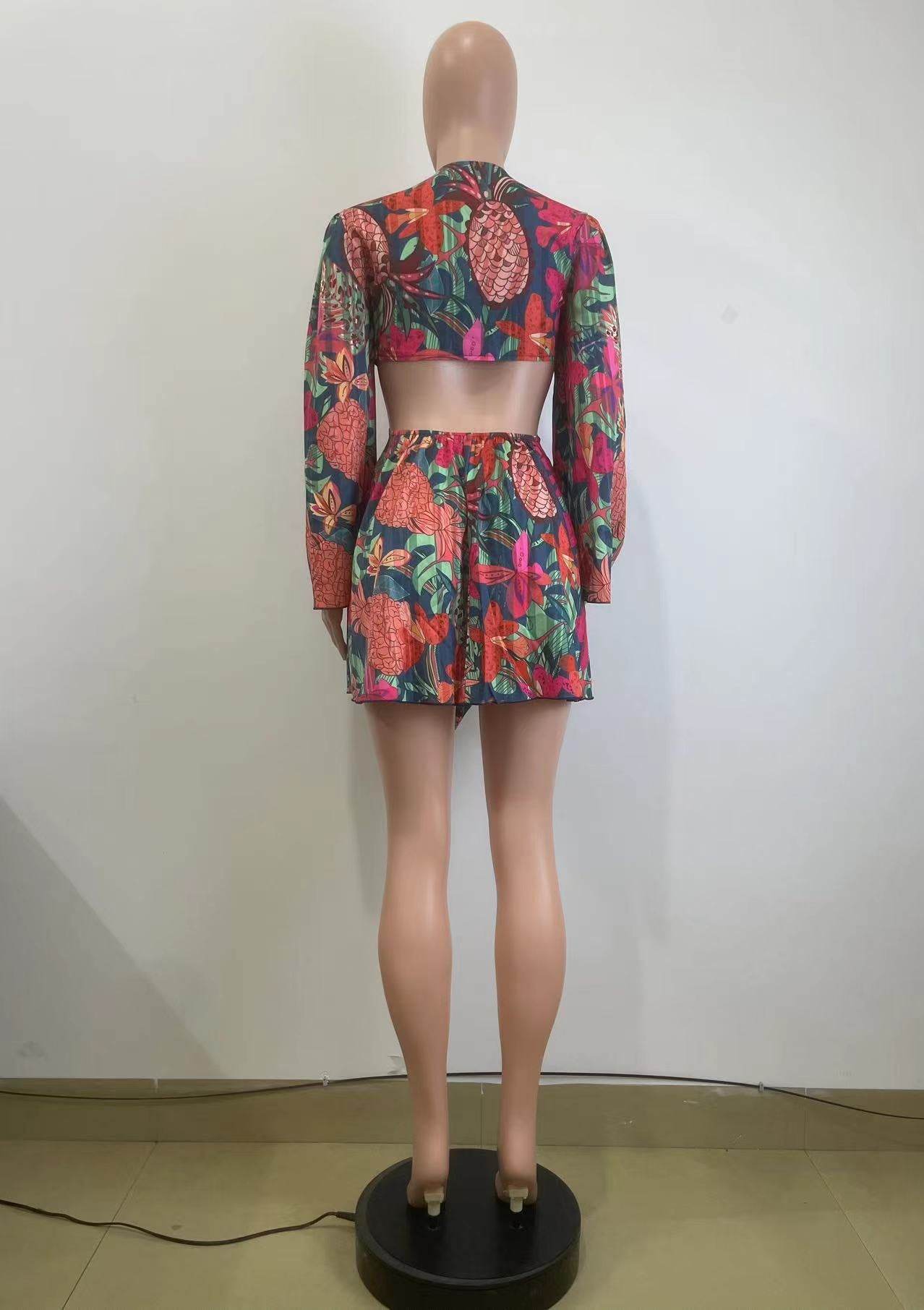 Women's Spring Summer Floral Deep V Bell Bottom Sleeve Tied Crop Top Short Skirt Two-Piece Set 8