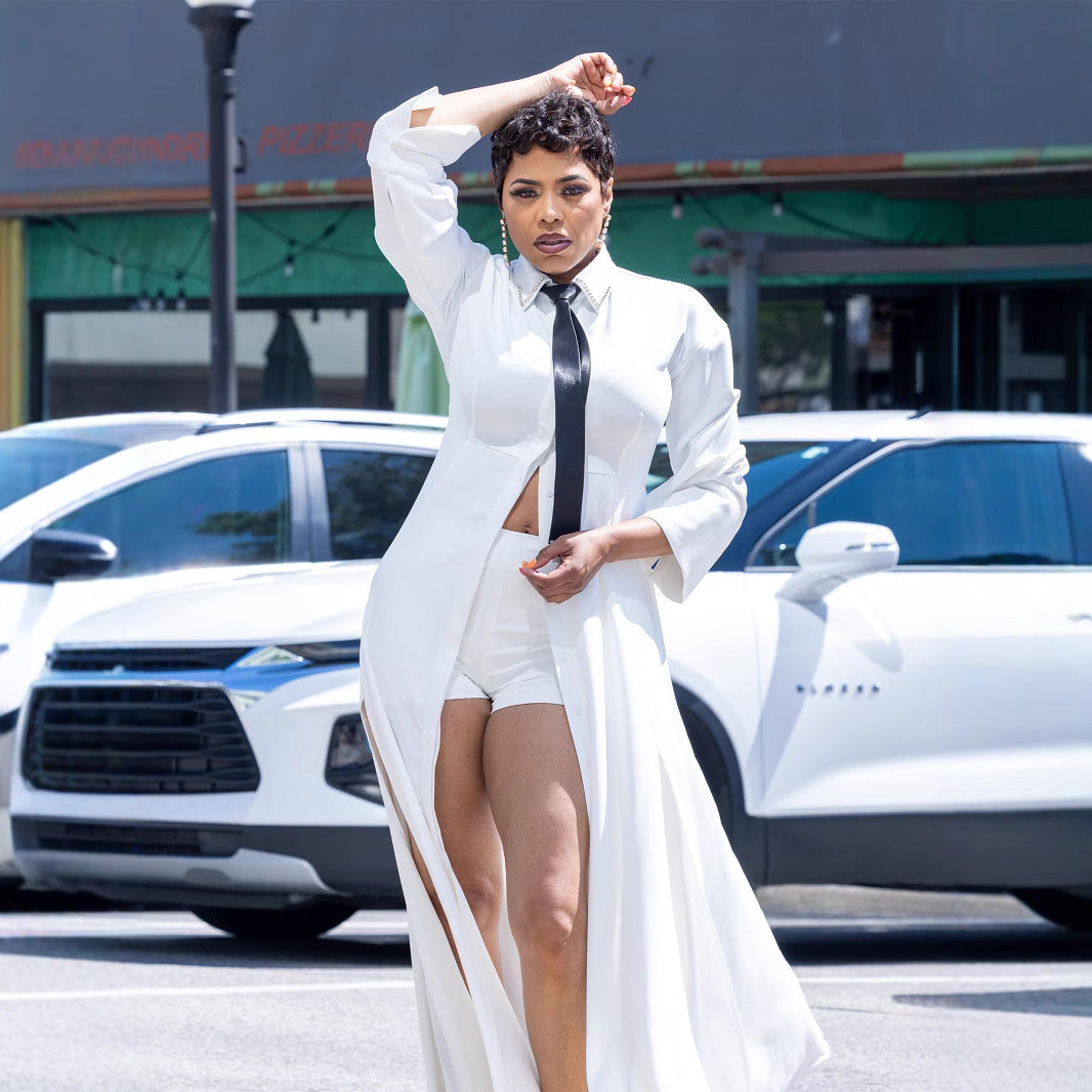 Spring Slim Waist White Long Slit Shirt Dress Tie Shorts Set 3