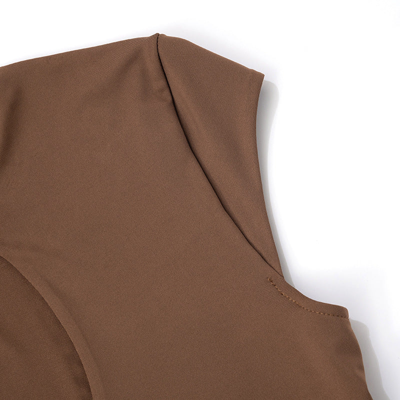 Women's Semi-High Round Neck Front Cut-Out Short Sleeve Crop Top Tight Fitting Cropped Pants Set 19