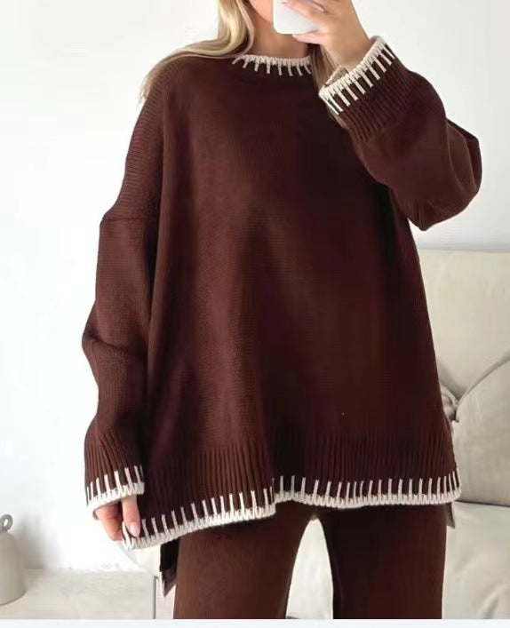 Autumn Winter Fashion Solid Color Sweater Pants Casual Loose Two-Piece Set 11