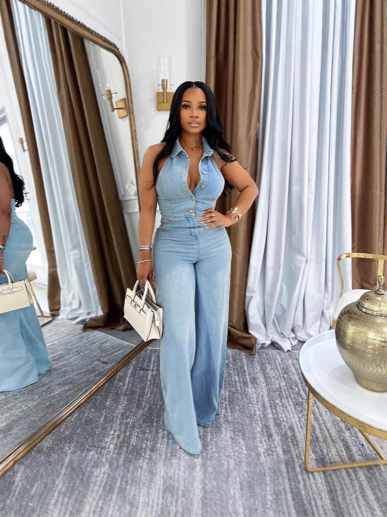 Women's Sexy Open Back Halter Neck Long Denim Jumpsuit