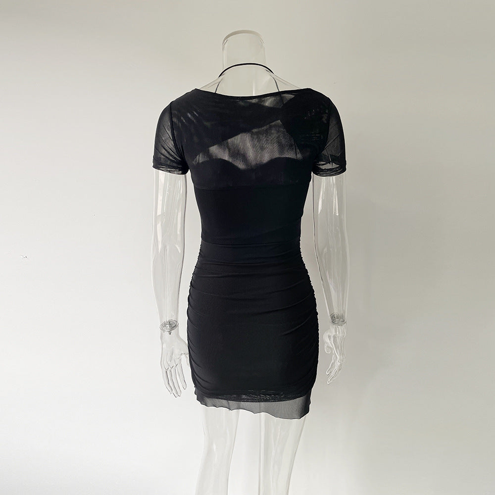 Women's Mesh Cutout Short Sleeve Pleated Slim Bodycon Tight Fitting Dress Summer 10