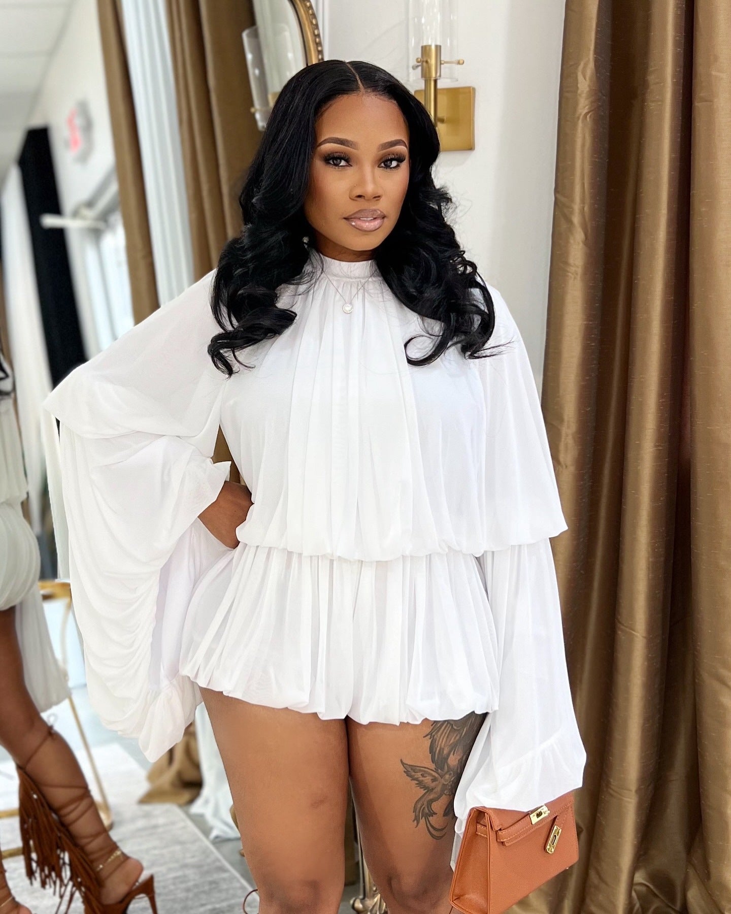 Women's Casual Solid Color Shorts & Round Neck Lantern Sleeve Top Two-Piece Set 13