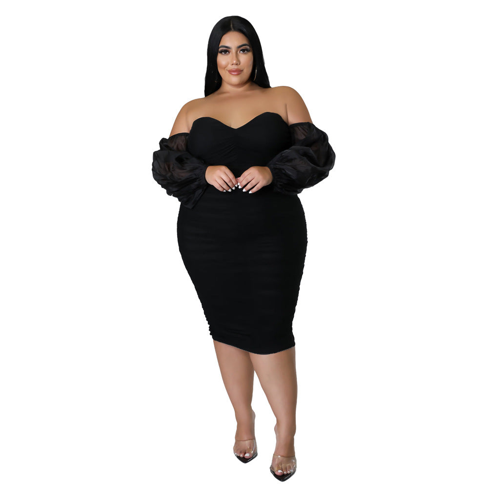Plus Size Women Fall Mesh Pleated Long Sleeve Dress 11