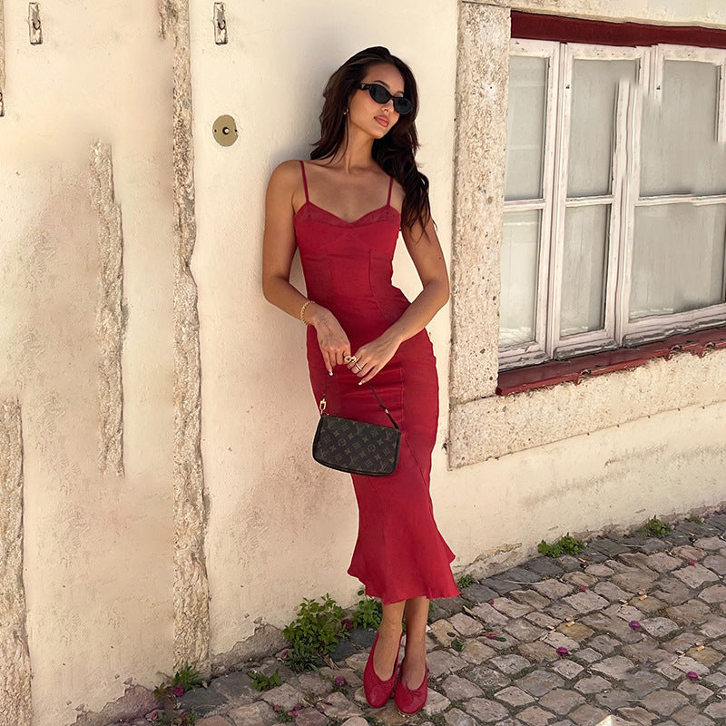 Women Suspender Lace Patchwork V Neck Dress