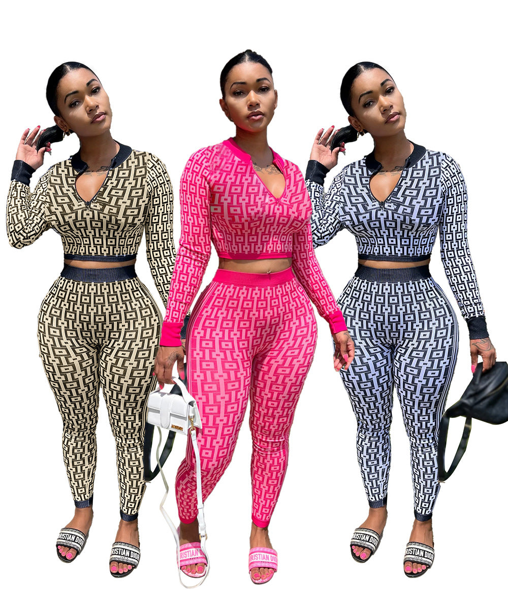 Autumn And Winter Women's Elastic Print Long-Sleeved Two-Piece Pants Set