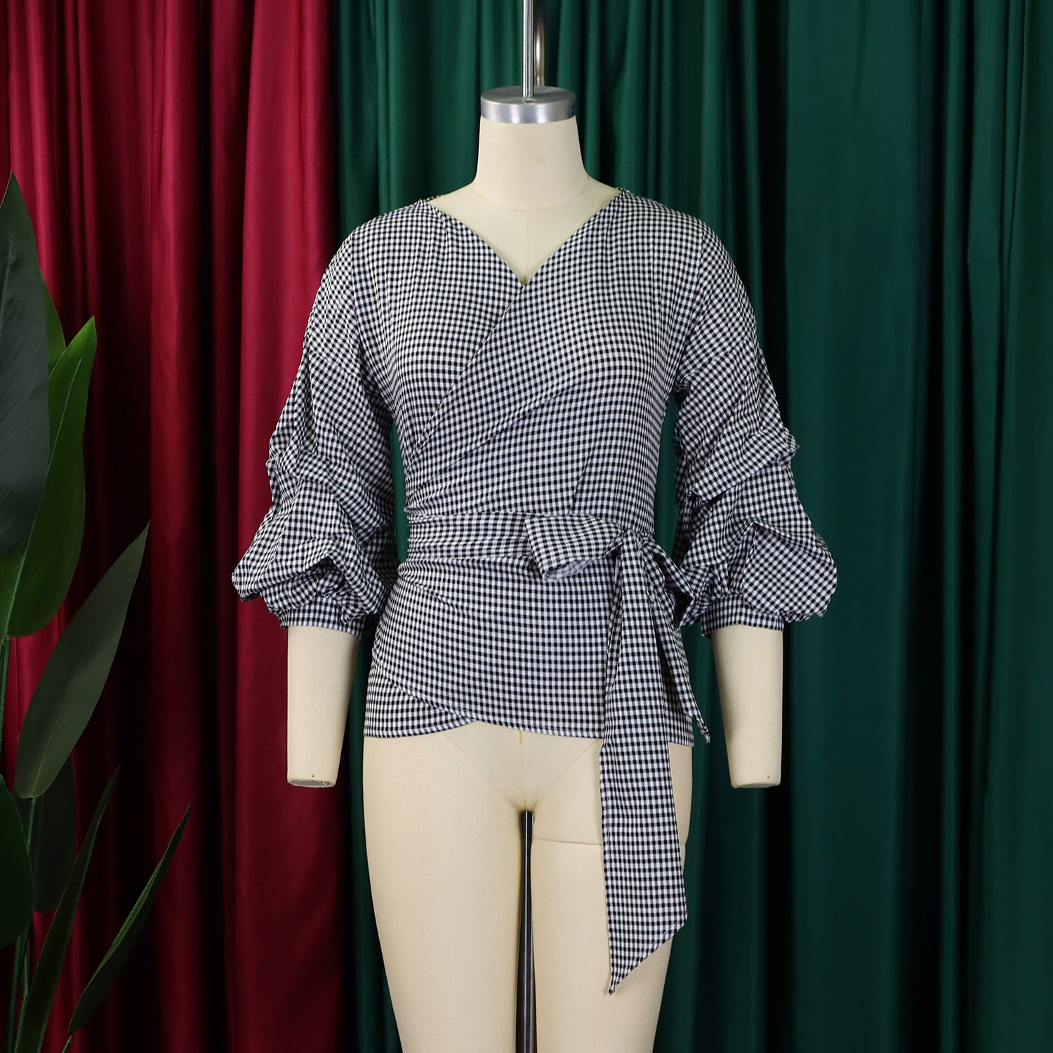 Summer Plus Size Fashion V-Neck Bubble Sleeves Lace-Up Plaid Shirt Top 7