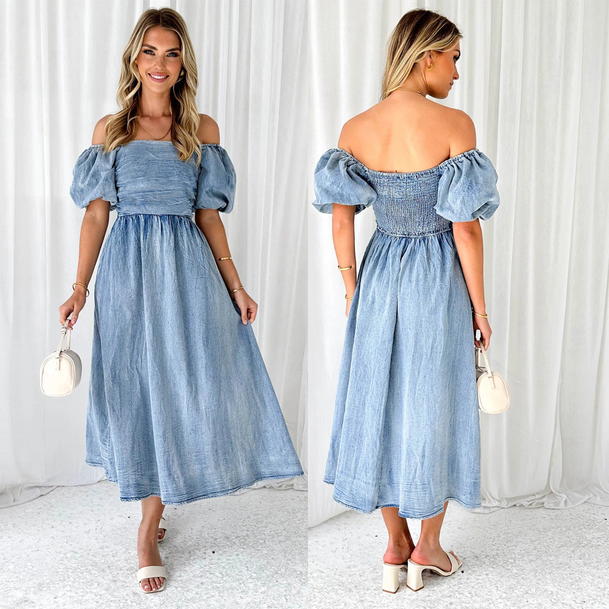 Summer Chic Elegant Puff Sleeve Slim Waist Denim Long Dress 3