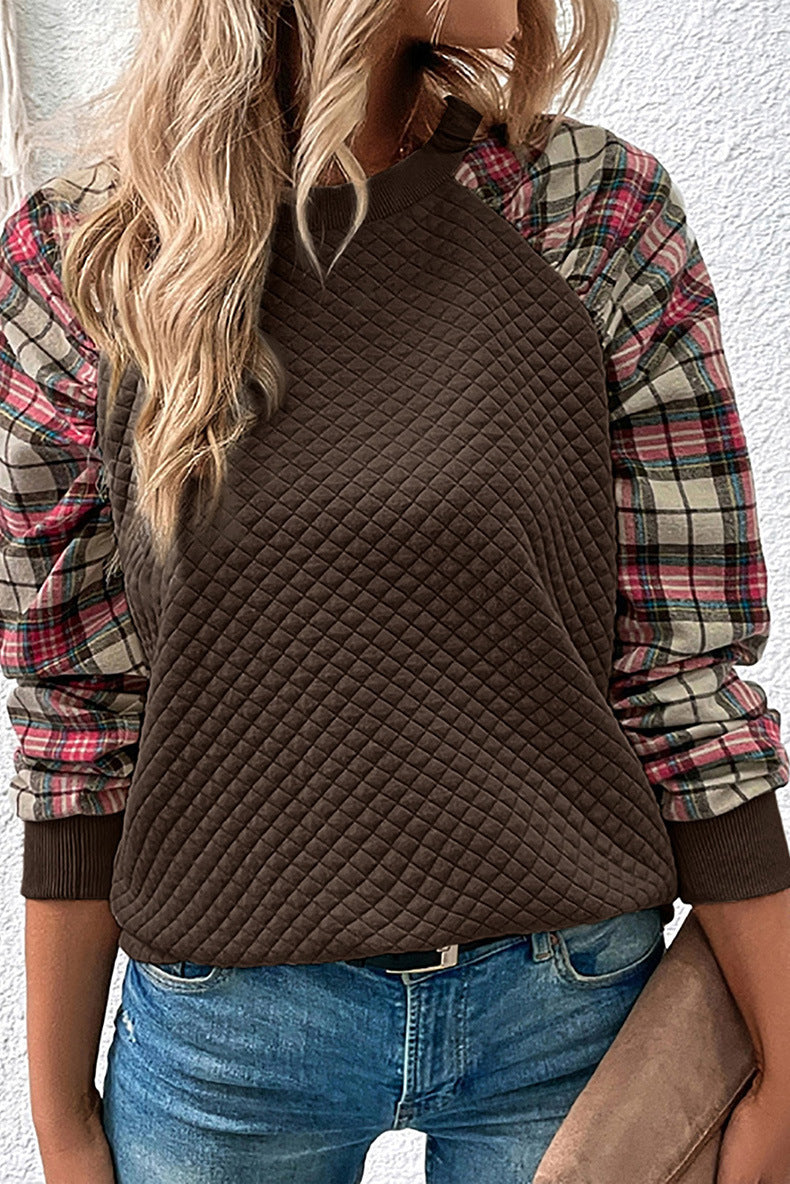 Women Diamond Check Patchwork Long Sleeve Round Neck Casual Top 3