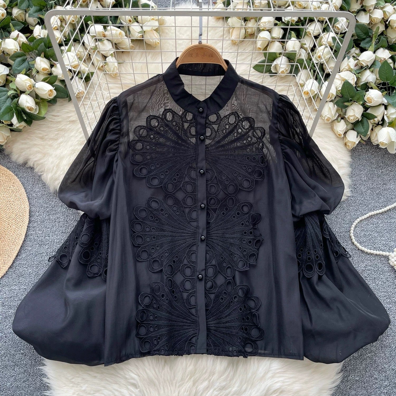 Women Stand Collar Lantern Sleeve Embroidered Openwork Lace Crop Top 12