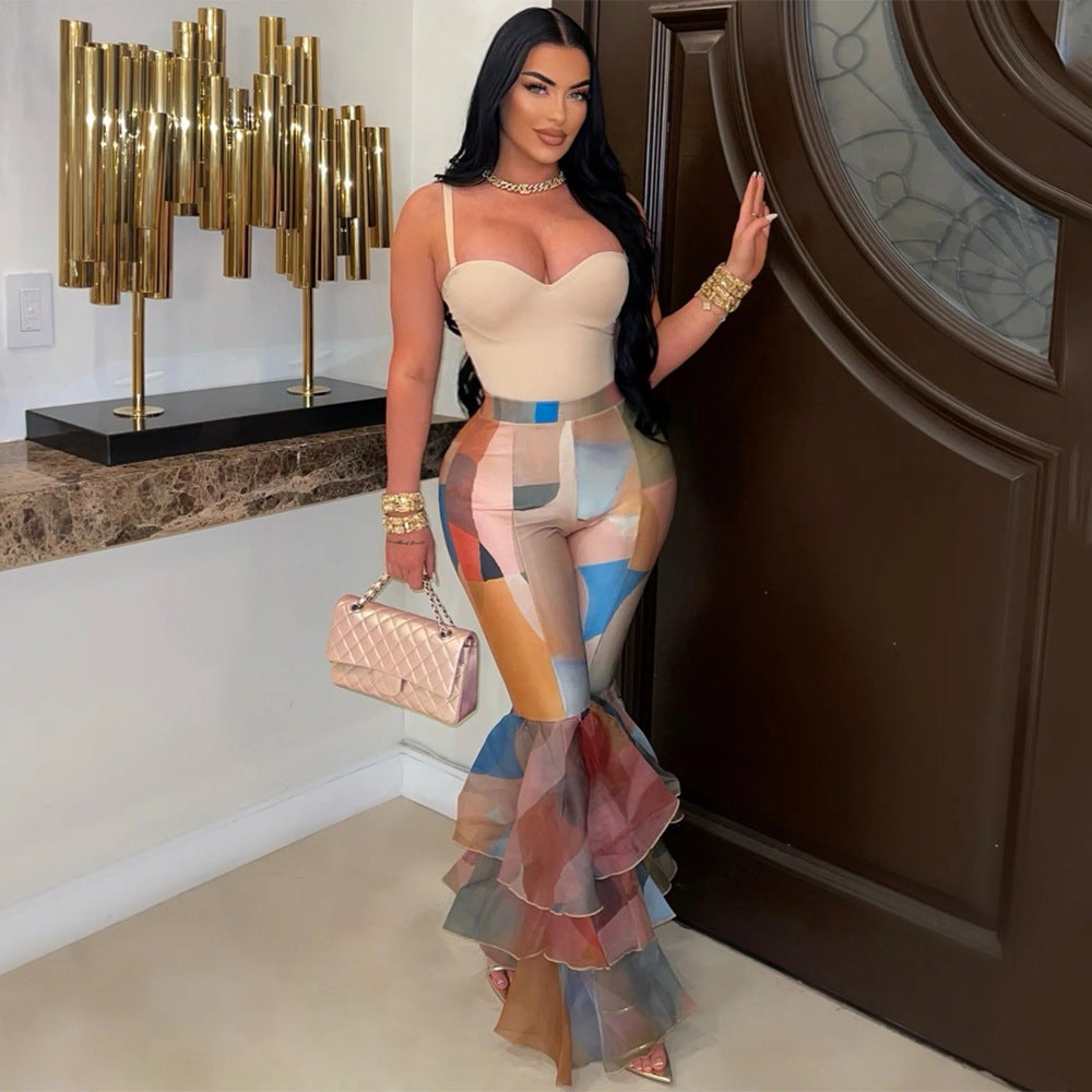 Women's Tie-dye Print Bell Bottom Pants Ruffled trousers 4