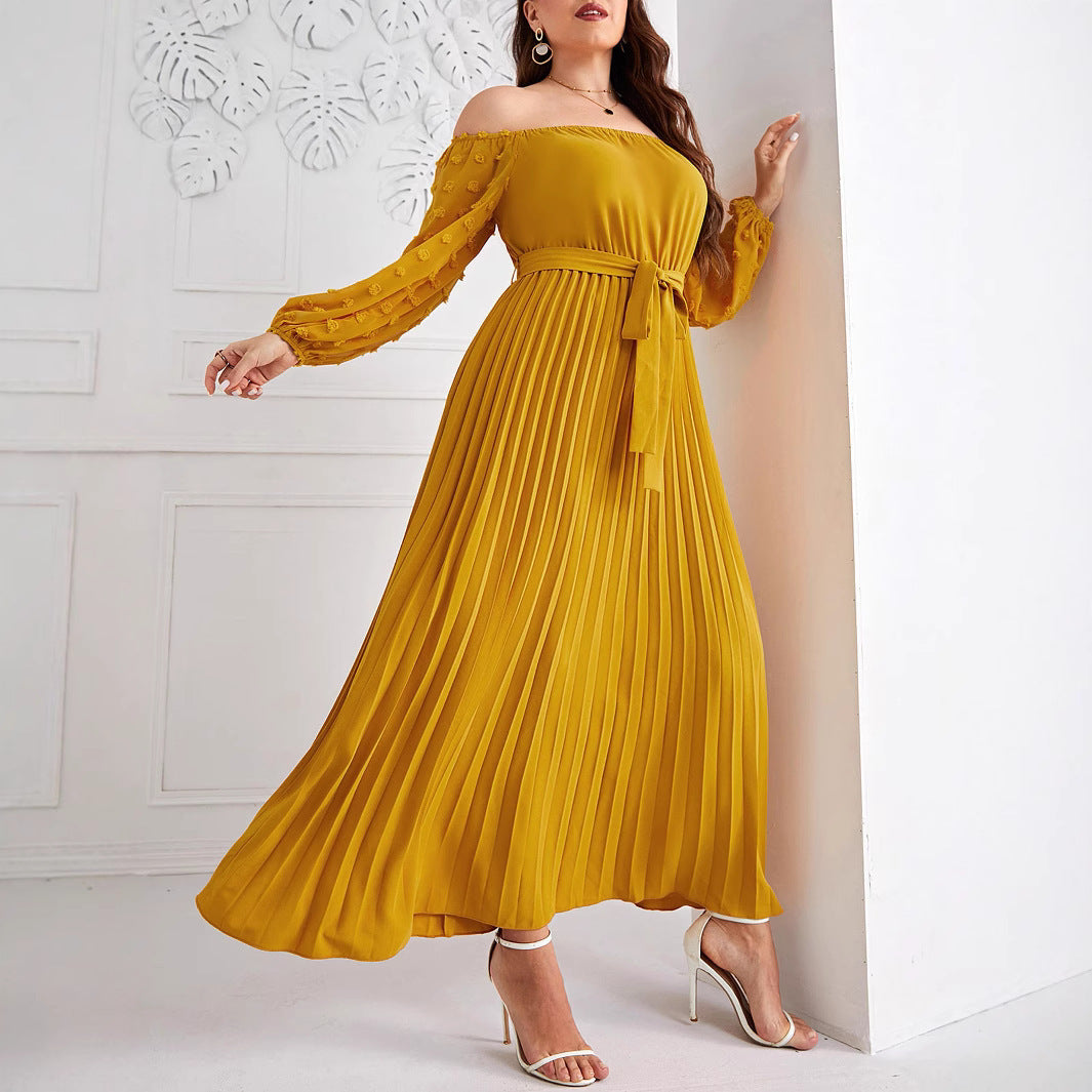 Plus Size Autumn And Winter Off Shoulder Pleated Fashion Elegant Long Dress 4