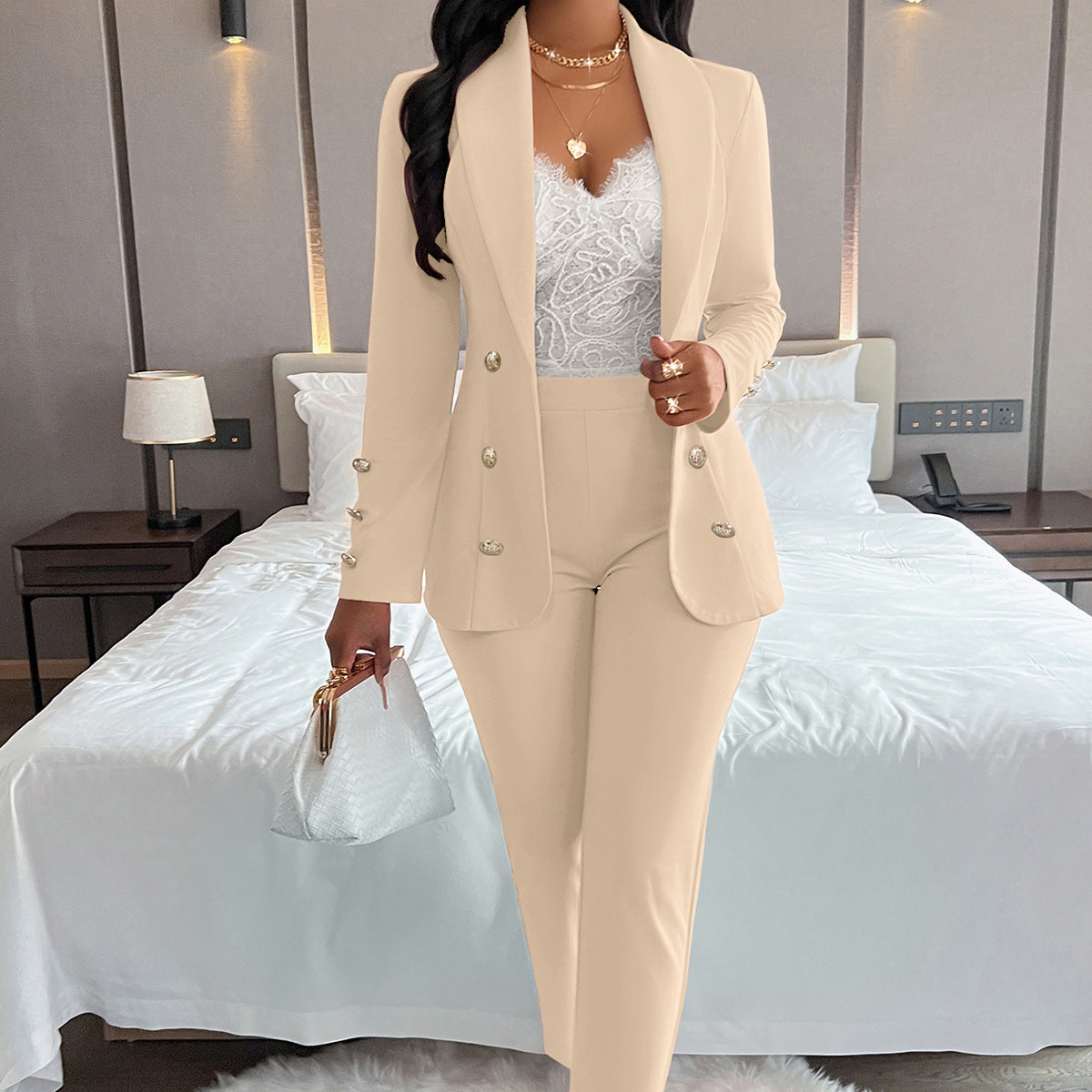 Women long-sleeved Solid Blazer and Pant Two Piece Set 7