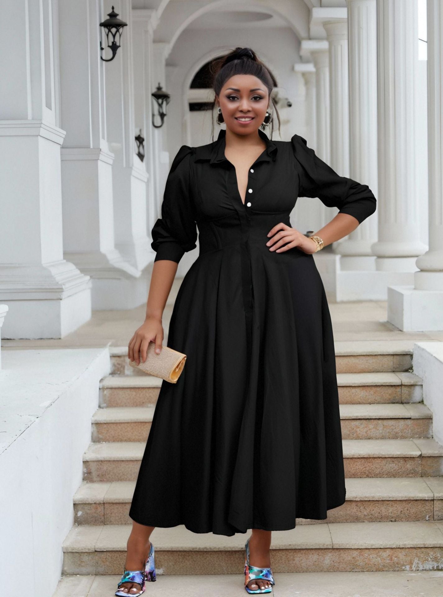 Plus Size Women Elegant Long Sleeve Solid Shirt Dress 8