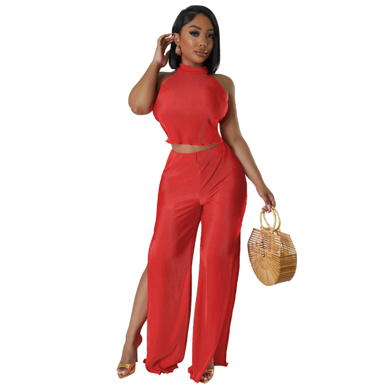 Women Sexy Backless Crop Top and Split Pants Two-Piece Set 6