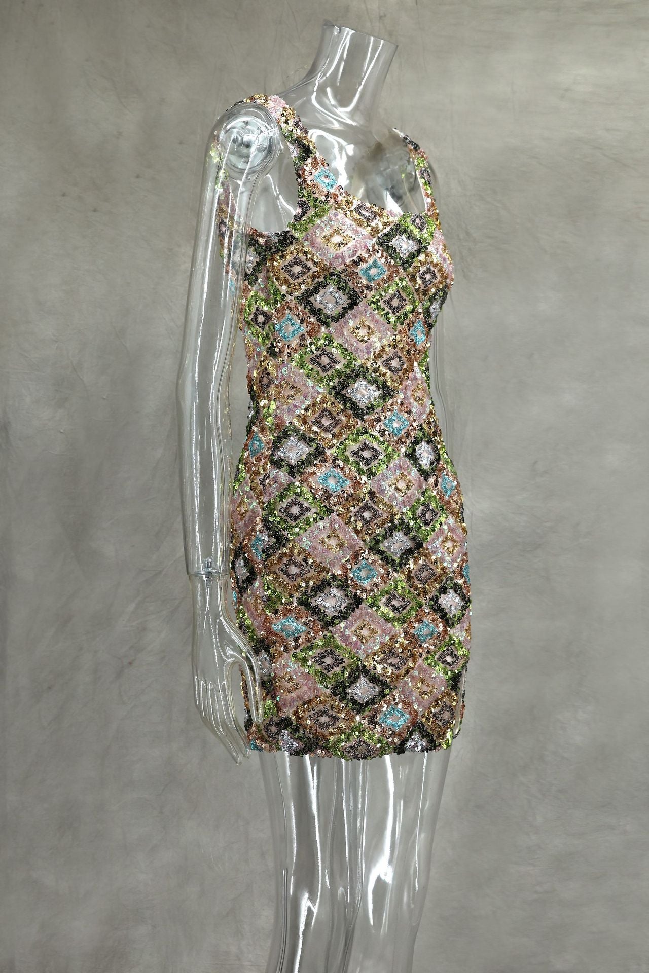 Spring Summer Multi-Color Flower Diamond Plaid Sequin Slit Bodycon Sexy Dress 14