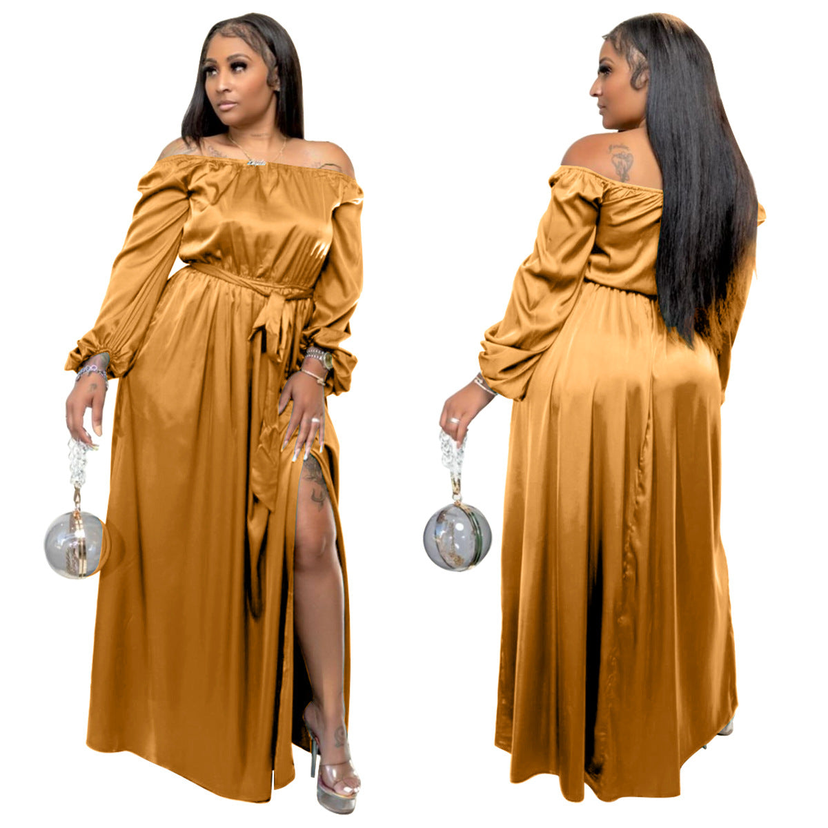 Plus Size Women Sexy Off Shoulder Lace Lantern Sleeve Dress 3