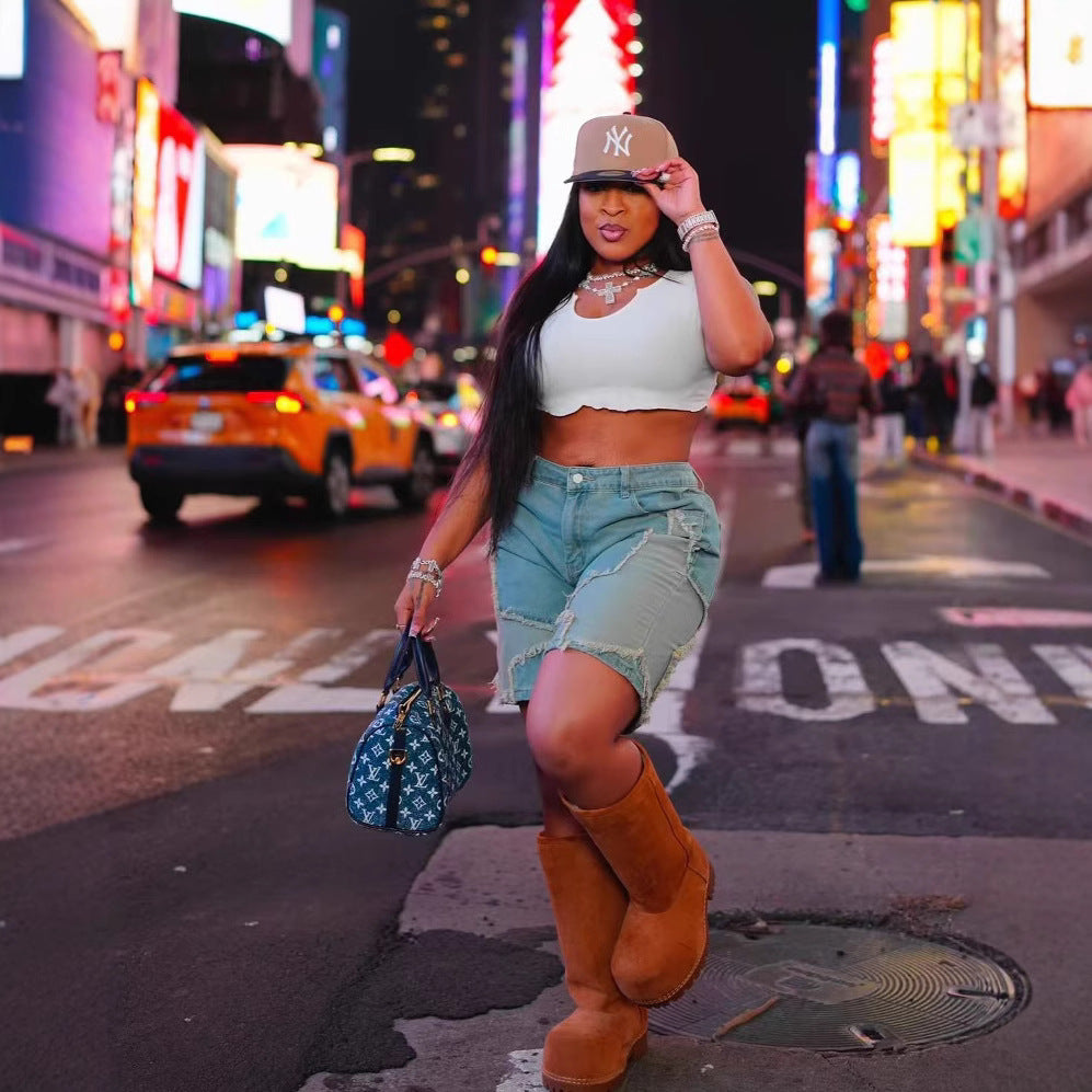 Women summer star tassel raw edge loose Denim Shorts 3