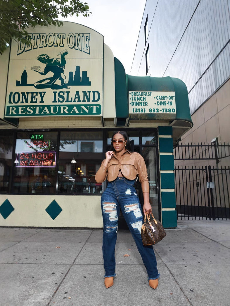 Fashionable Women's Long Sleeve Turndown Collar Single-Breasted Pocket Pu Leather Jacket 6