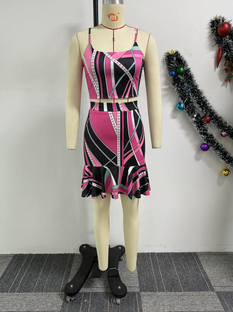 Women Suspender Print Top and Bodycon Skirt 2-piece Set 7