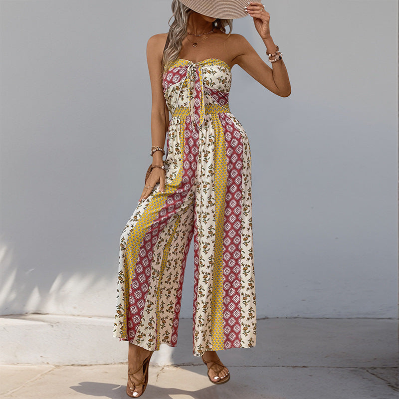 Summer Print Casual Tied Strapless Wide-Leg Jumpsuit 11