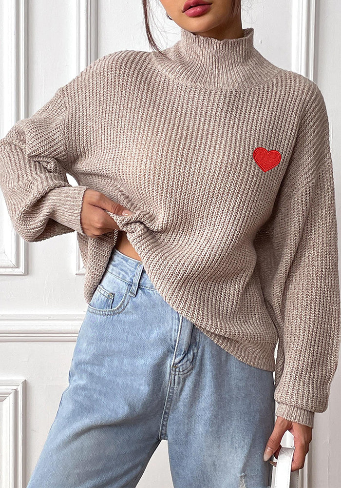 Autumn Winter Heart Embroidery Ladies Half Turtleneck Pullover Sweater