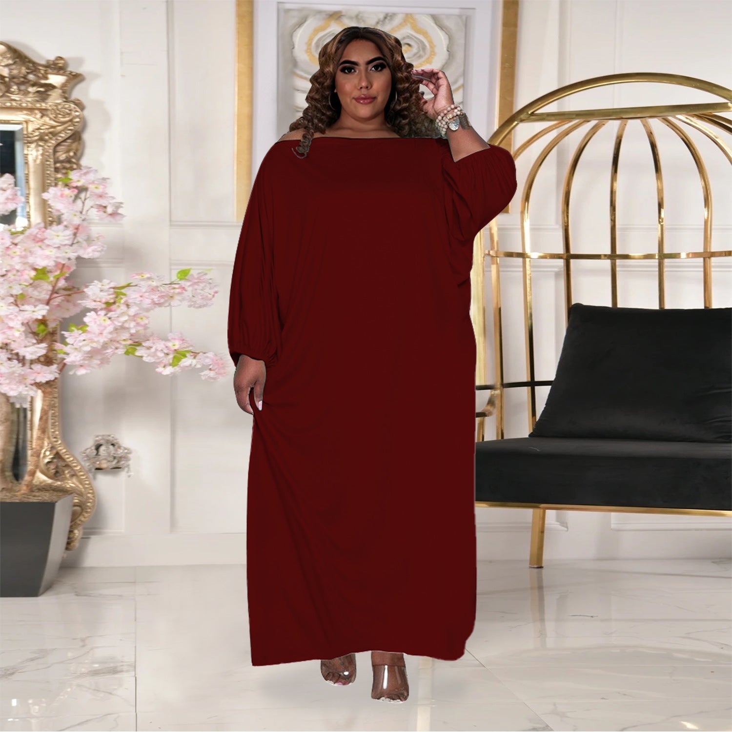 Plus Size Women Solid Off Shoulder Loose Dress 5