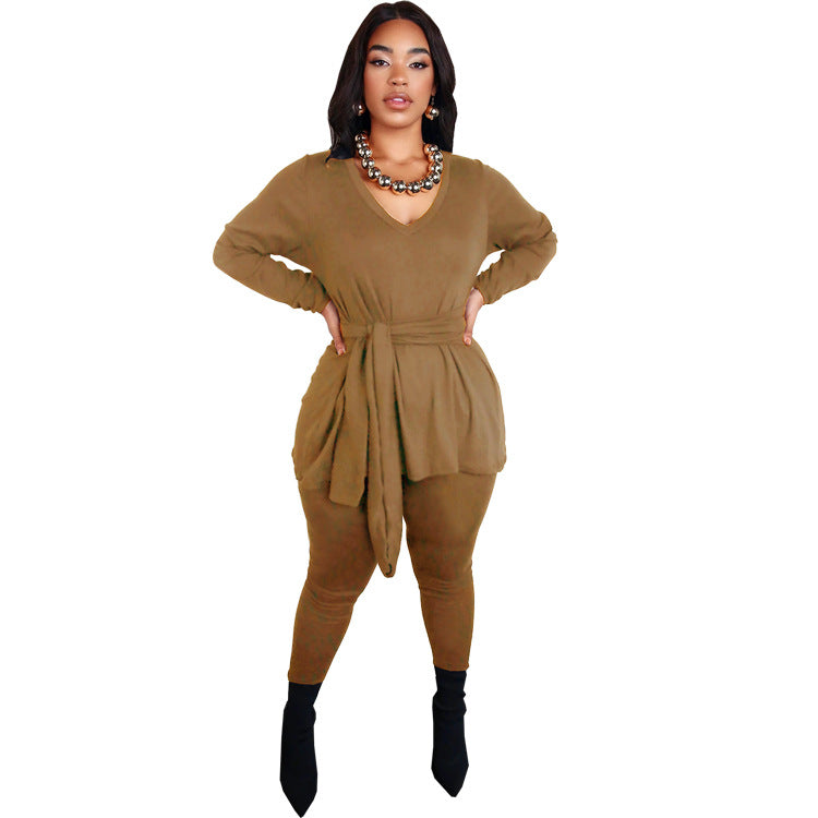 Women Fall and Winter Lace-up Top Long Pants Casual two-piece set 10