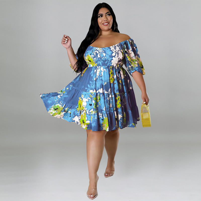 Plus Size Women's Summer Sexy Off Shoulder Print Casual Loose Dress 6