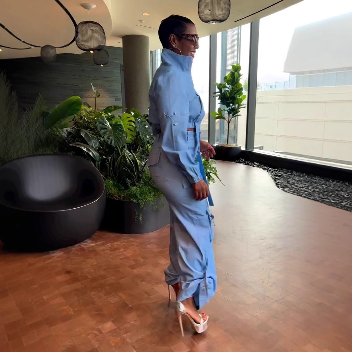 Multi-Pocket Long Sleeve Pleated Cargo Jacket Pants Two-Piece Set 5