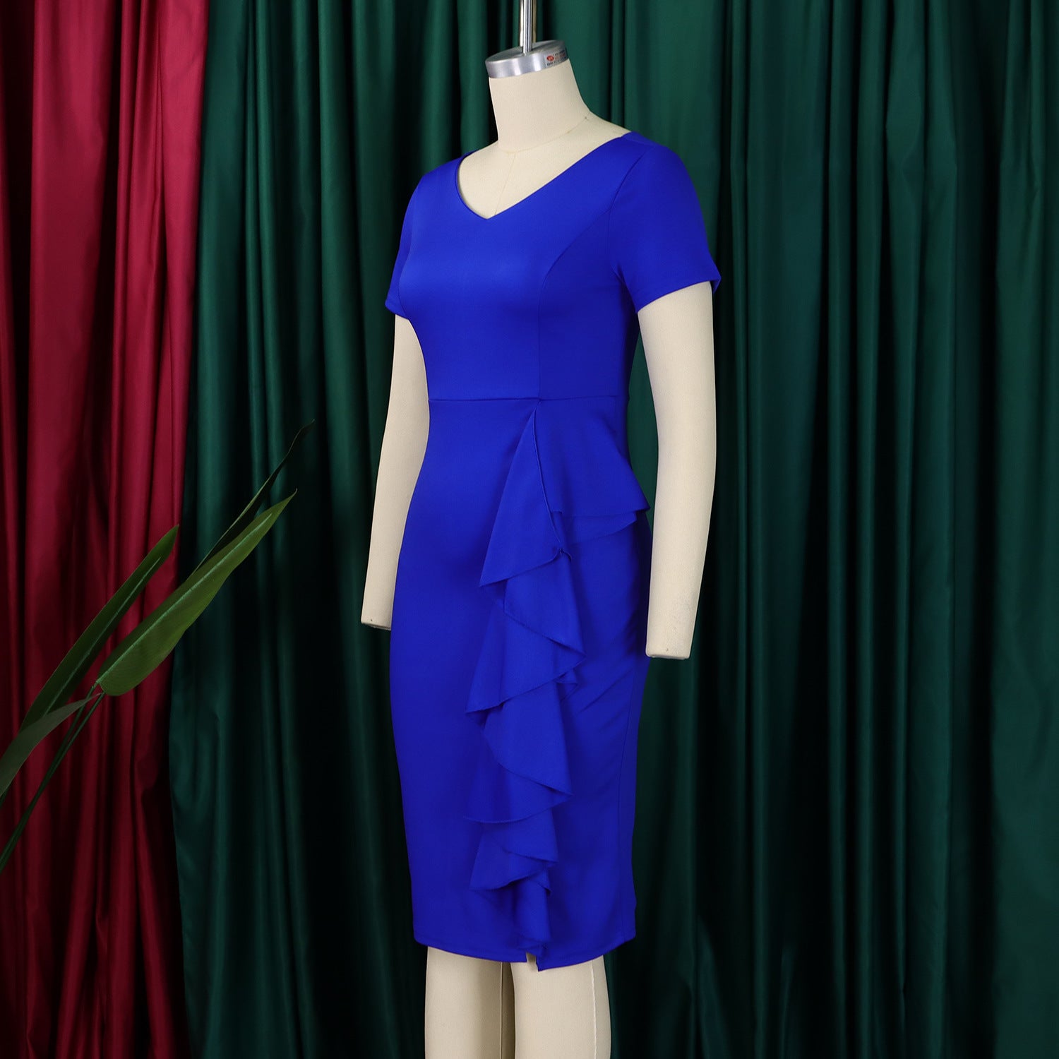 Plus Size Women Short Sleeve Solid Bodycon Ruffled African Dress 13