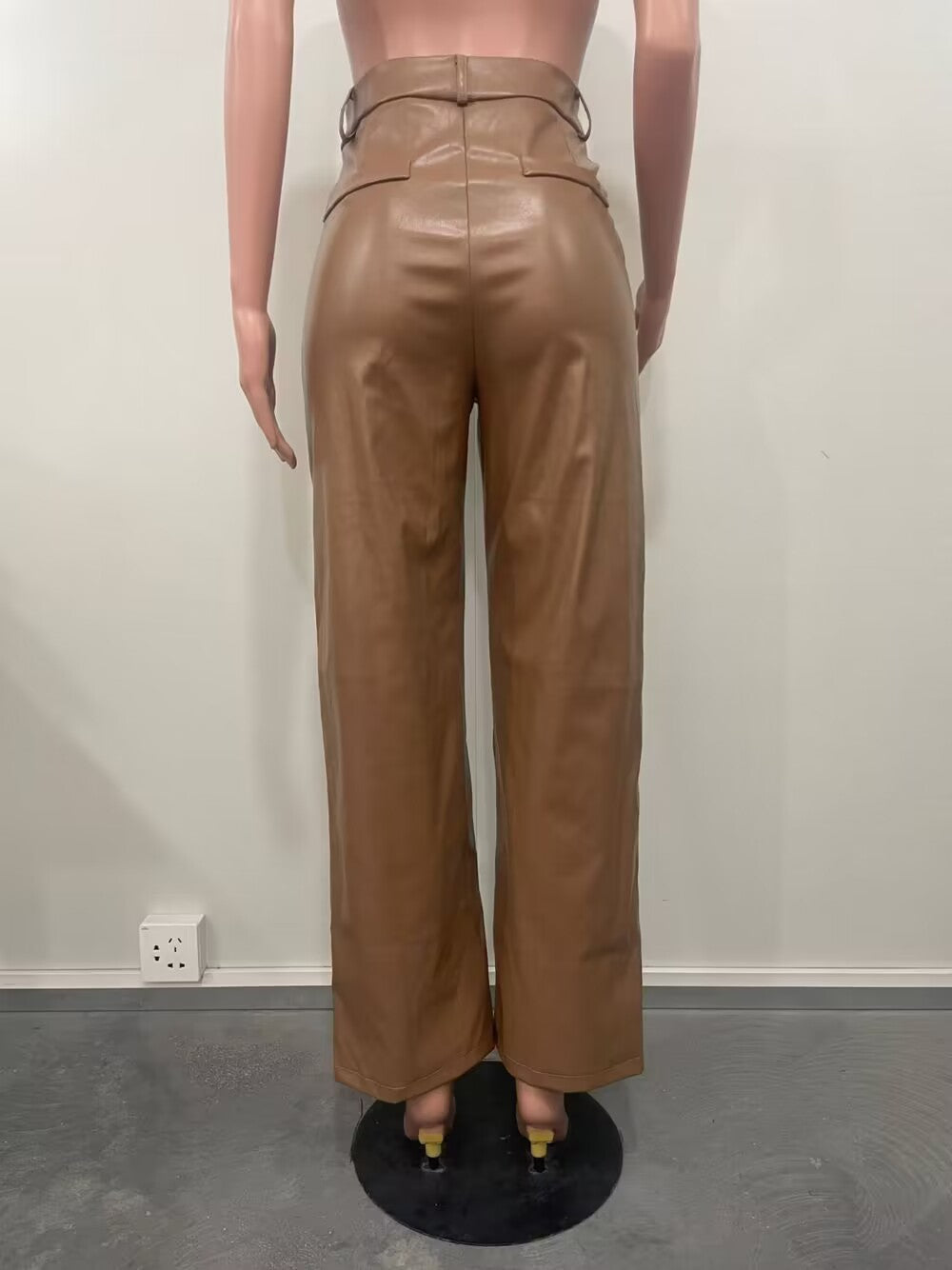Women Casual pu-Leather Pocket Loose Wide Leg Pants 12