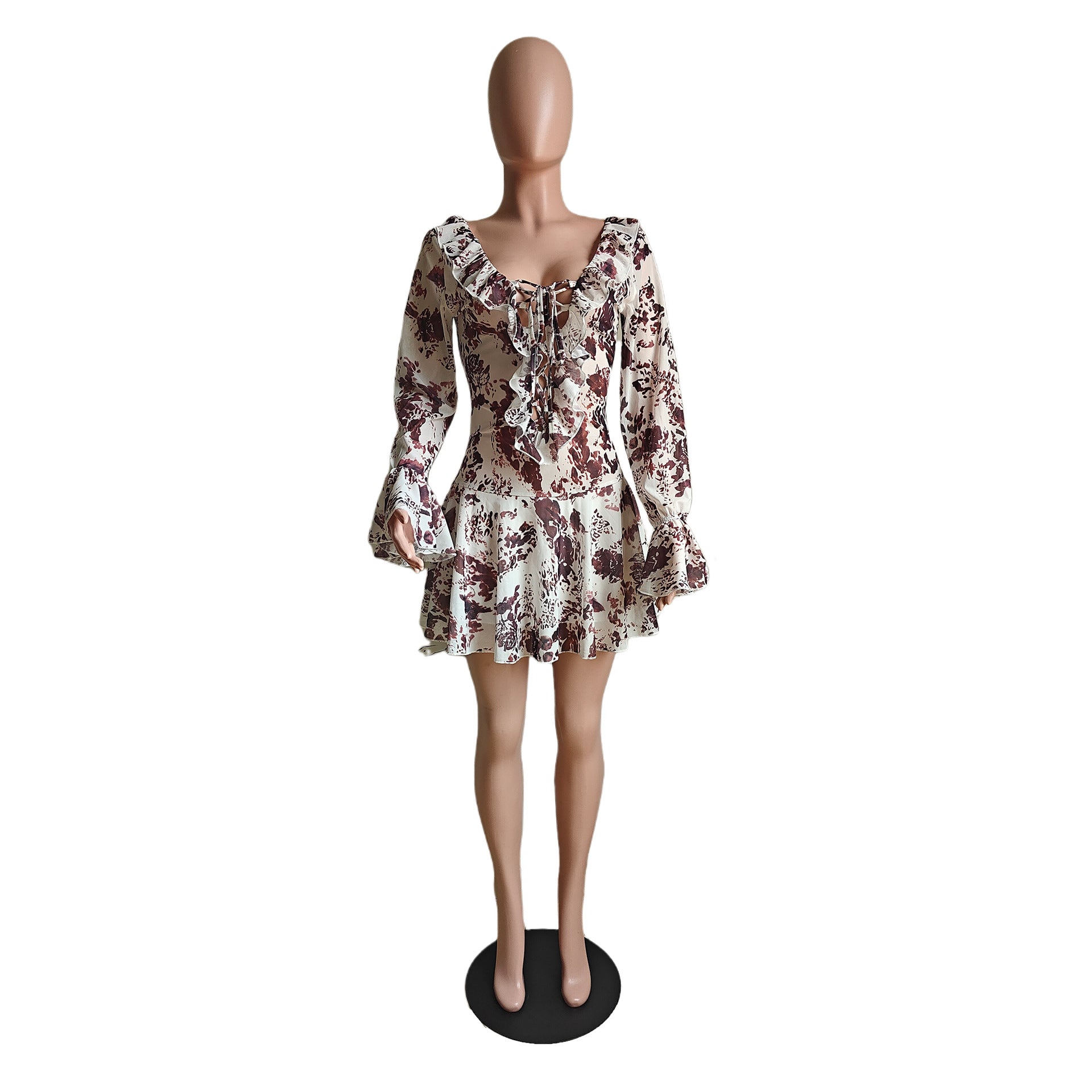 Women Summer Sexy Printed Ruffled Collar Lace-Up Mesh Dress 8