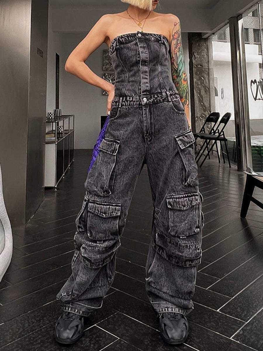 Women Street Style Strapless Pockets Denim Cargo Jumpsuit 5