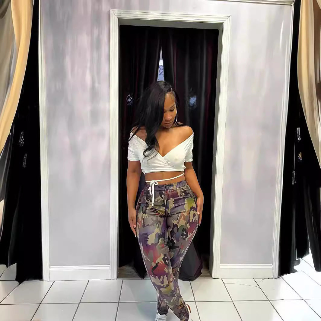 Spring Sexy Women's Clothing Tight Fitting Camo Trendy Pants 9