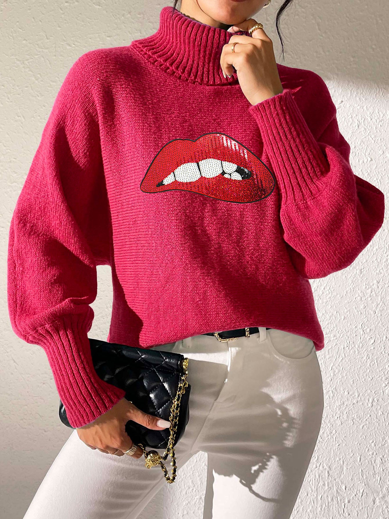 Autumn Winter Women's Sequin Lips Embroidery Turtleneck Pullover Sweater 8