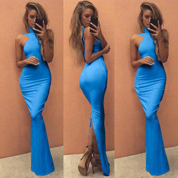 Women 's Halter Neck Back Slit Slim Long Dress 7